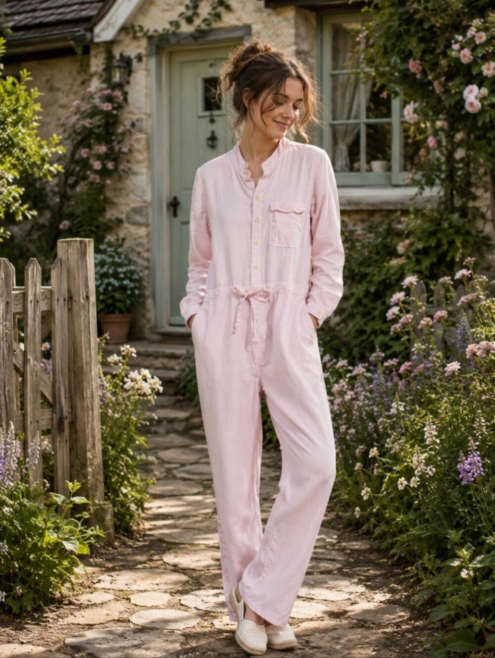 Alex Mill Light Pink Linen Button Up Long Sleeve Jumpsuit Size Medium
